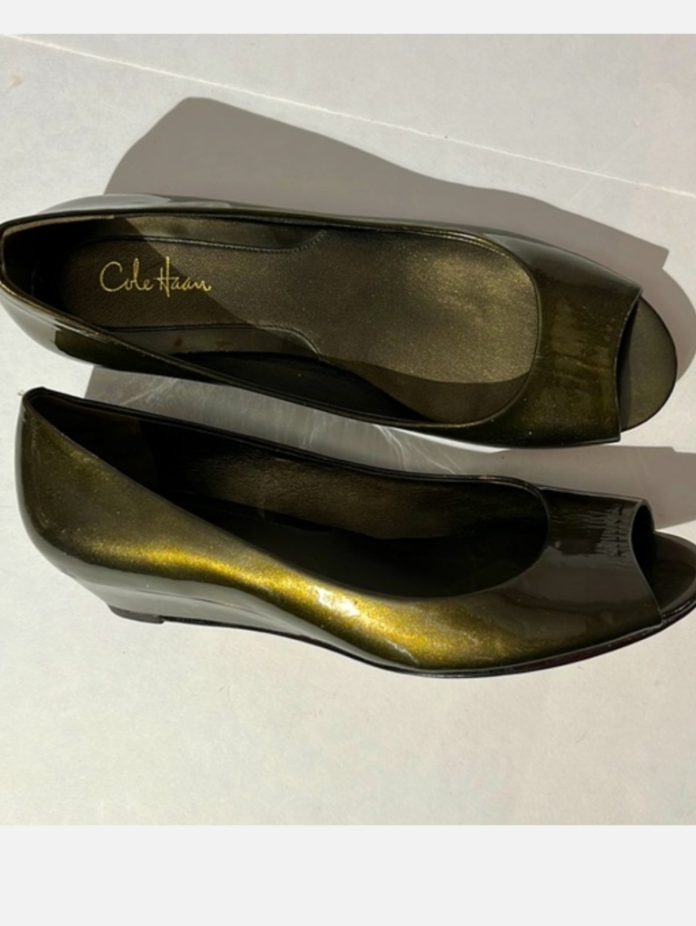 Cole Haan x Nike Air peep toe olive green shoes wedges heels shiny sandals sz 7